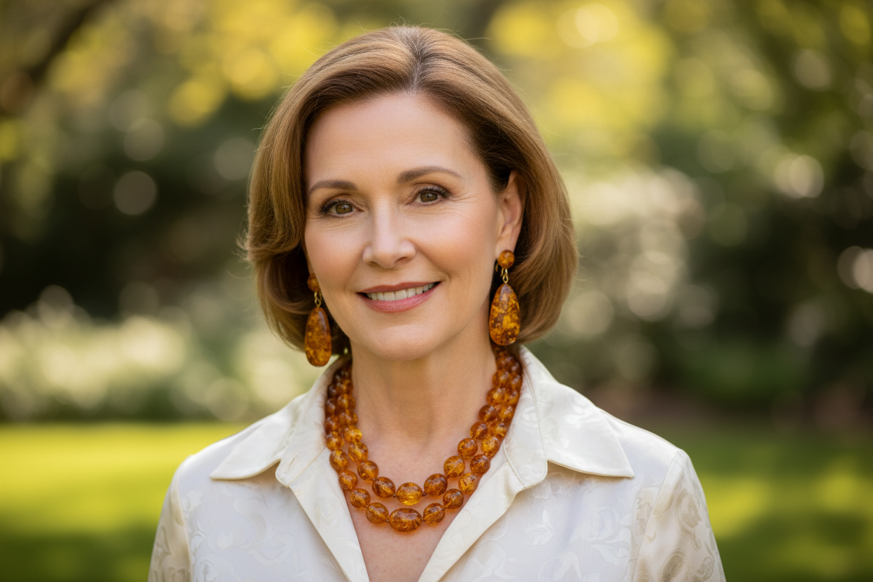 戴着琥珀首饰的中年美国女人